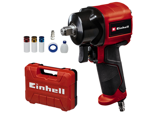 Max. Torque 340 Nm, Max. 6.3 Bar, Left/Clockwise Rotation, Rubberised Handle, Includes 8 Sockets, Oil Bottle Einhell TC-PW 340 Compressed Air Impact Wrench Empty , Plug-in Nipple, Transport Case 